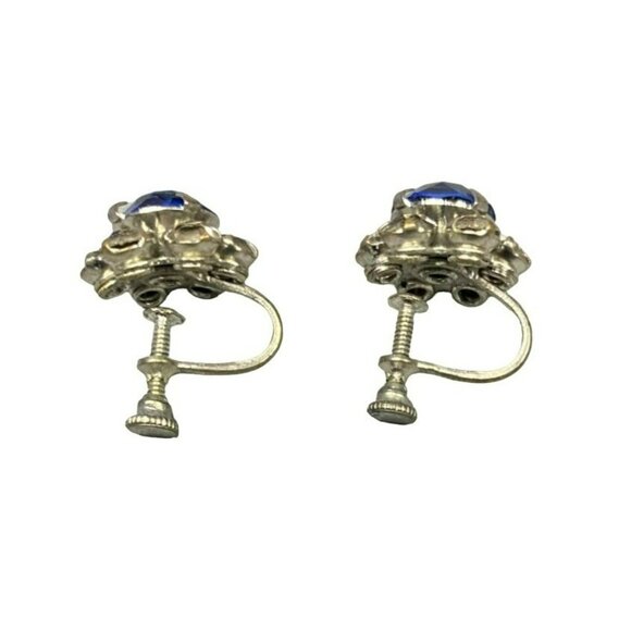 Vintage Blue Crystal Flower Rhinestone Screw Back Earrings - Picture 2 of 3